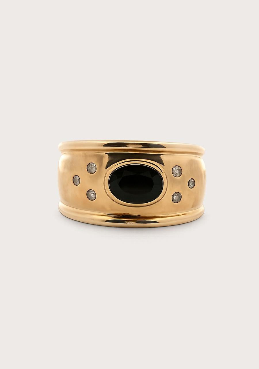 Estate 9ct Yellow Gold Wide Dome Sapphire & Diamond Bezel & Punch Set Ring