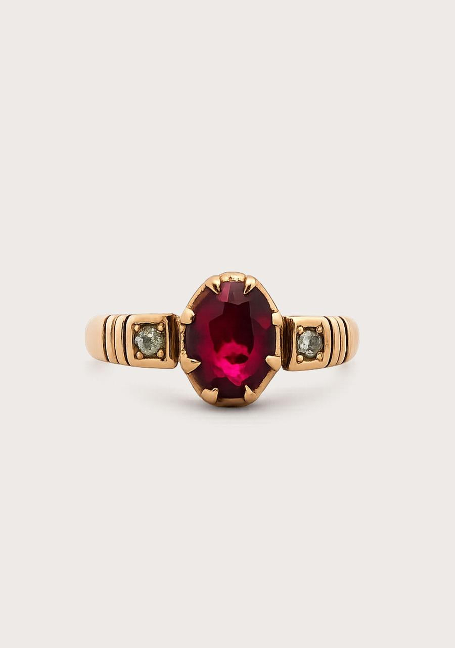 Estate 9ct Yellow Gold Synthetic Ruby & Diamond Ring