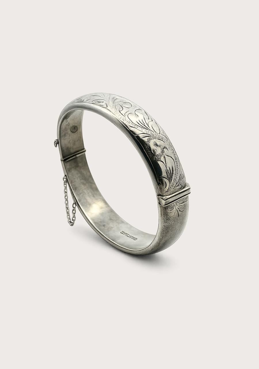 Estate Sterling Silver Hollow Hinged Engraved Bangle