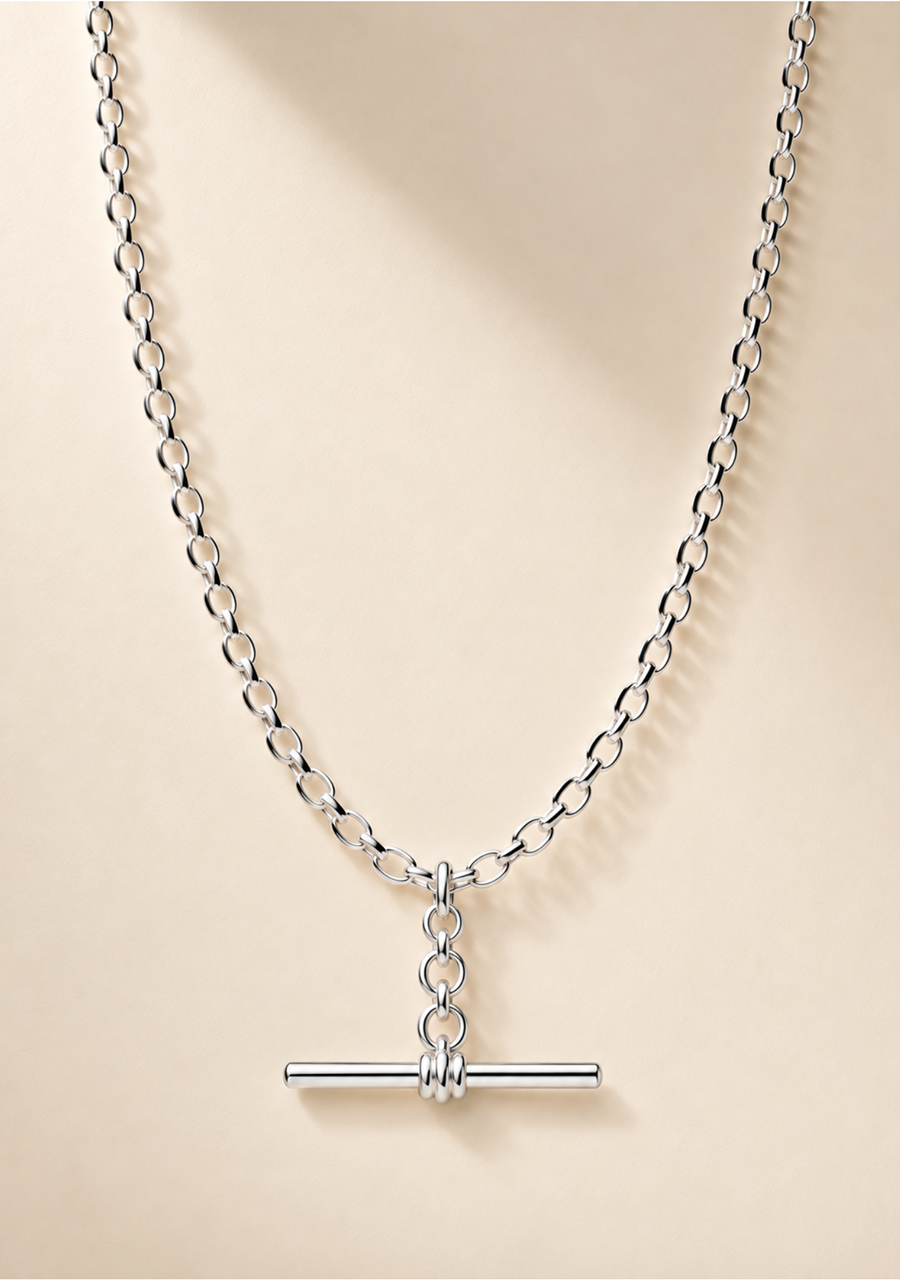 Sterling Silver Oval Belcher B01 Chain with 25mm Running T-Bar