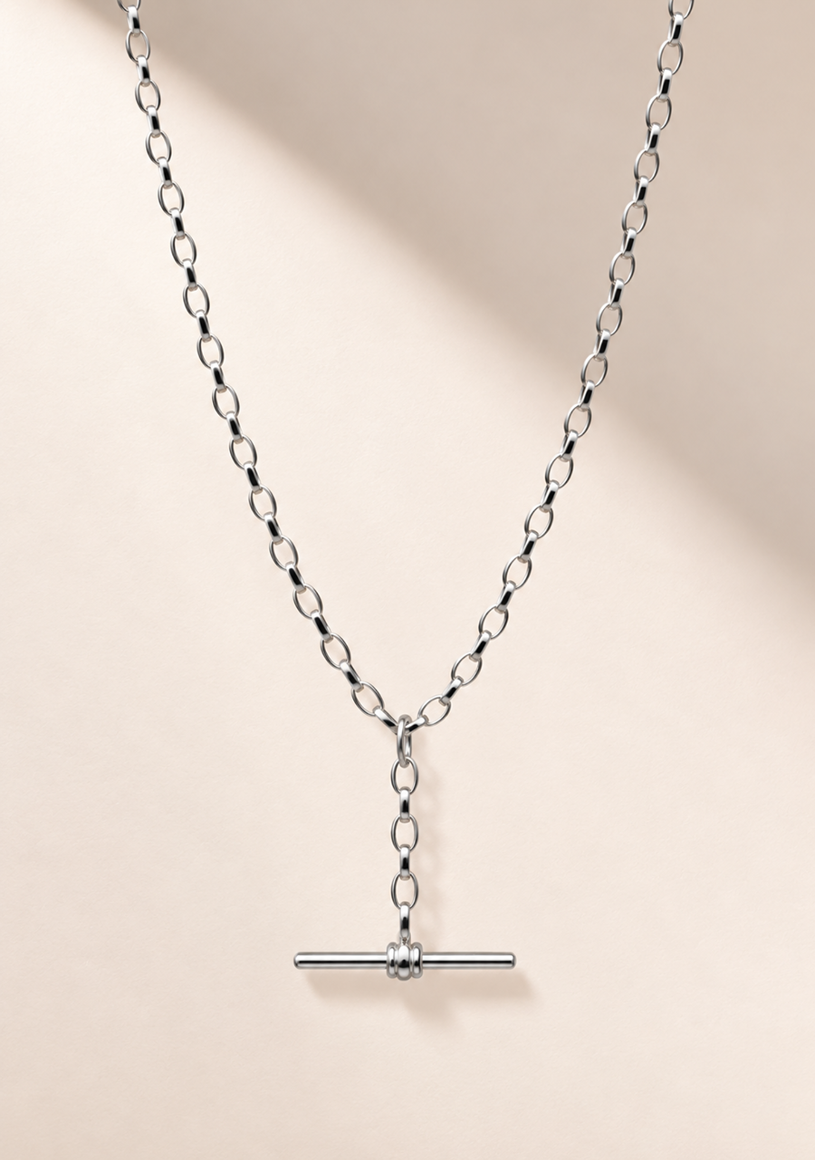 Sterling Silver Oval Belcher B02 Chain with 25mm Running T-Bar