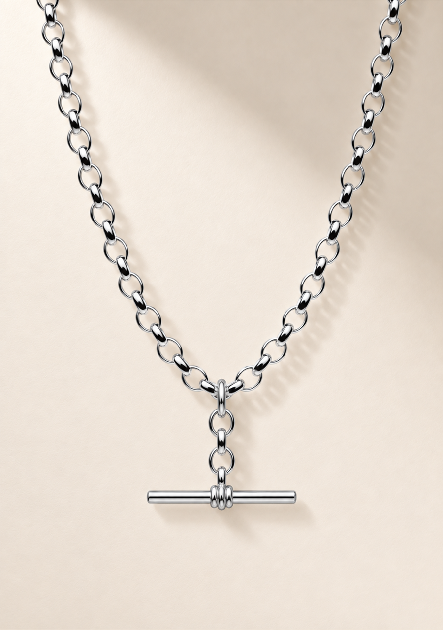 Sterling Silver Oval Belcher B03 Chain with 35mm Running T-Bar