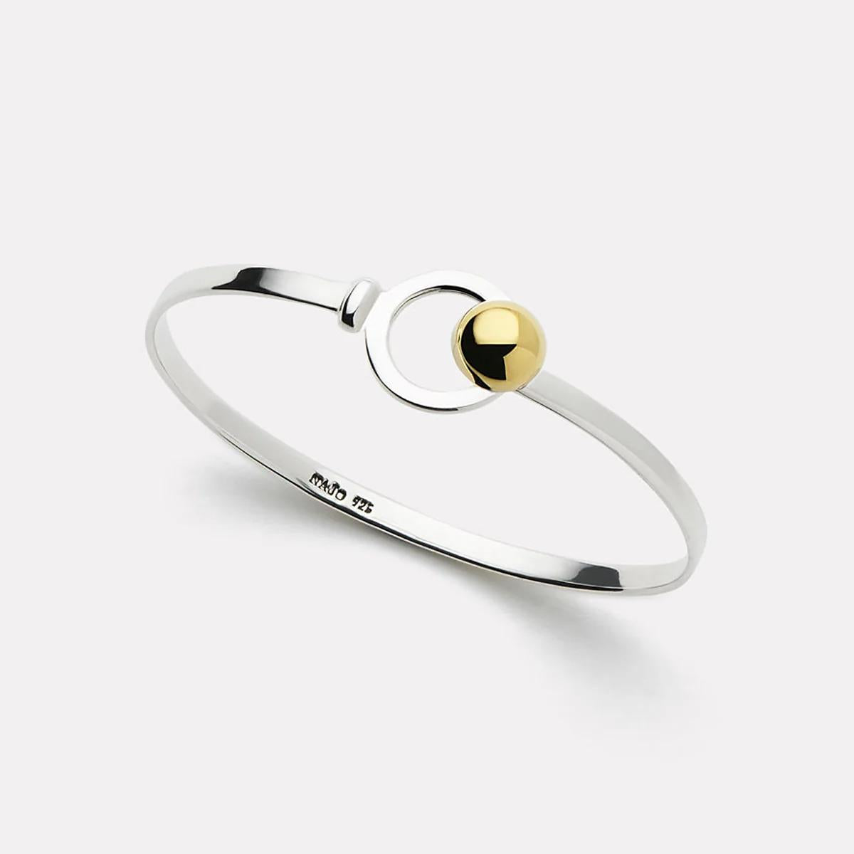 Najo Sterling Silver Aurora Flat Wire Tension Bangle with Round Loop with 10mm Gold Plated Tumbaga Domed Hook