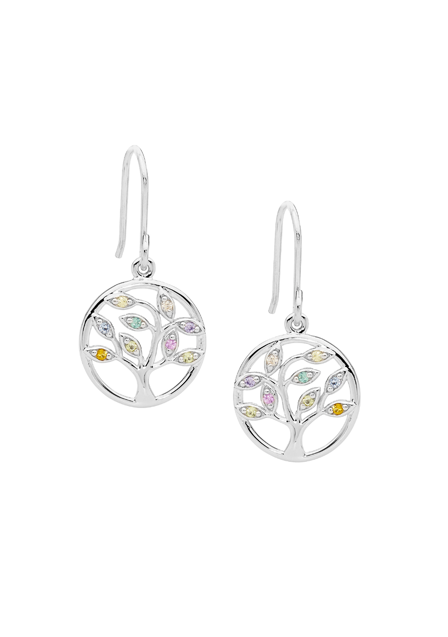 Ellani Sterling Silver 15mm Tree of Life Hook Earrings with Multi Colour Cubic Zirconia