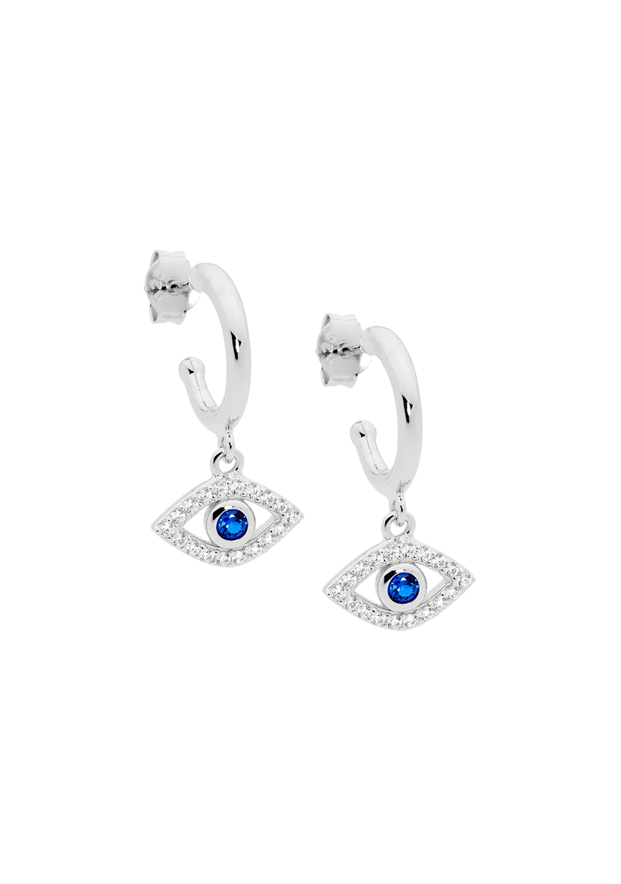 Ellani Sterling Silver White & Blue Cubic Zirconia Bezel Set Evil Eye 13mm Hoop Earrings