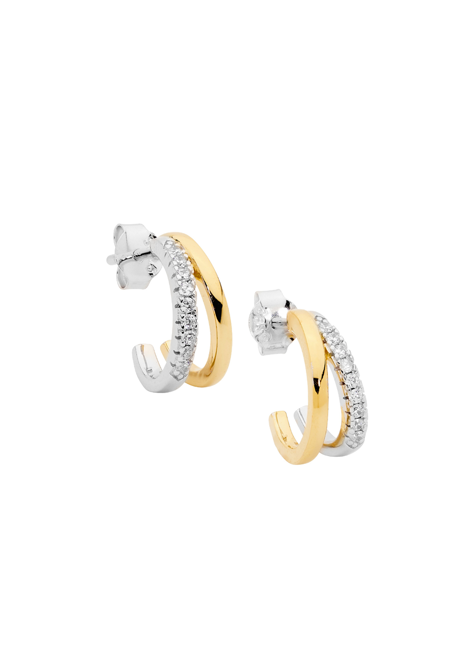 Ellani Sterling Silver & Gold Plated Split 13mm Hoop Earrings with Cubic Zirconia