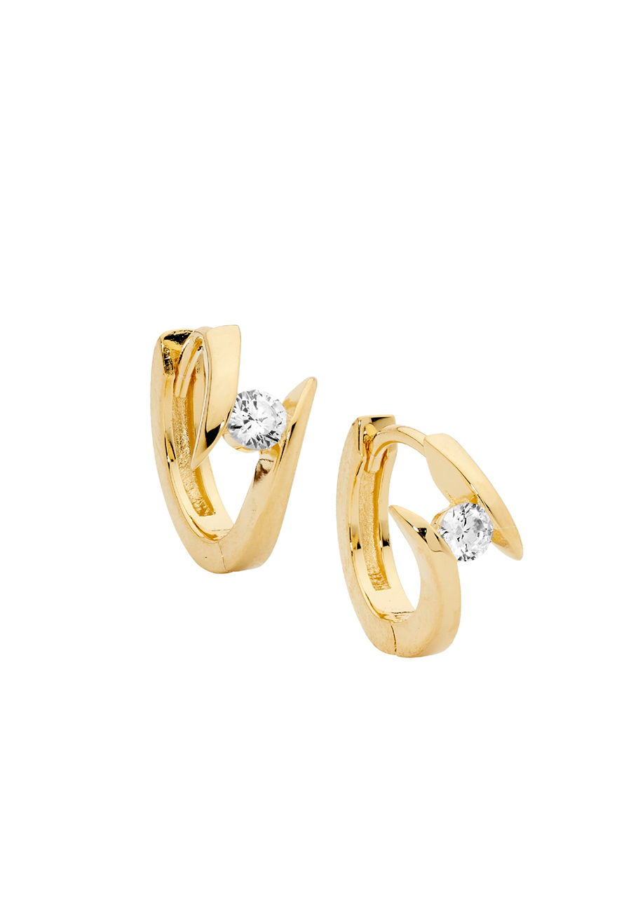 Ellani Gold Plated 13mm Fancy Huggie Earrings with Cubic Zirconia