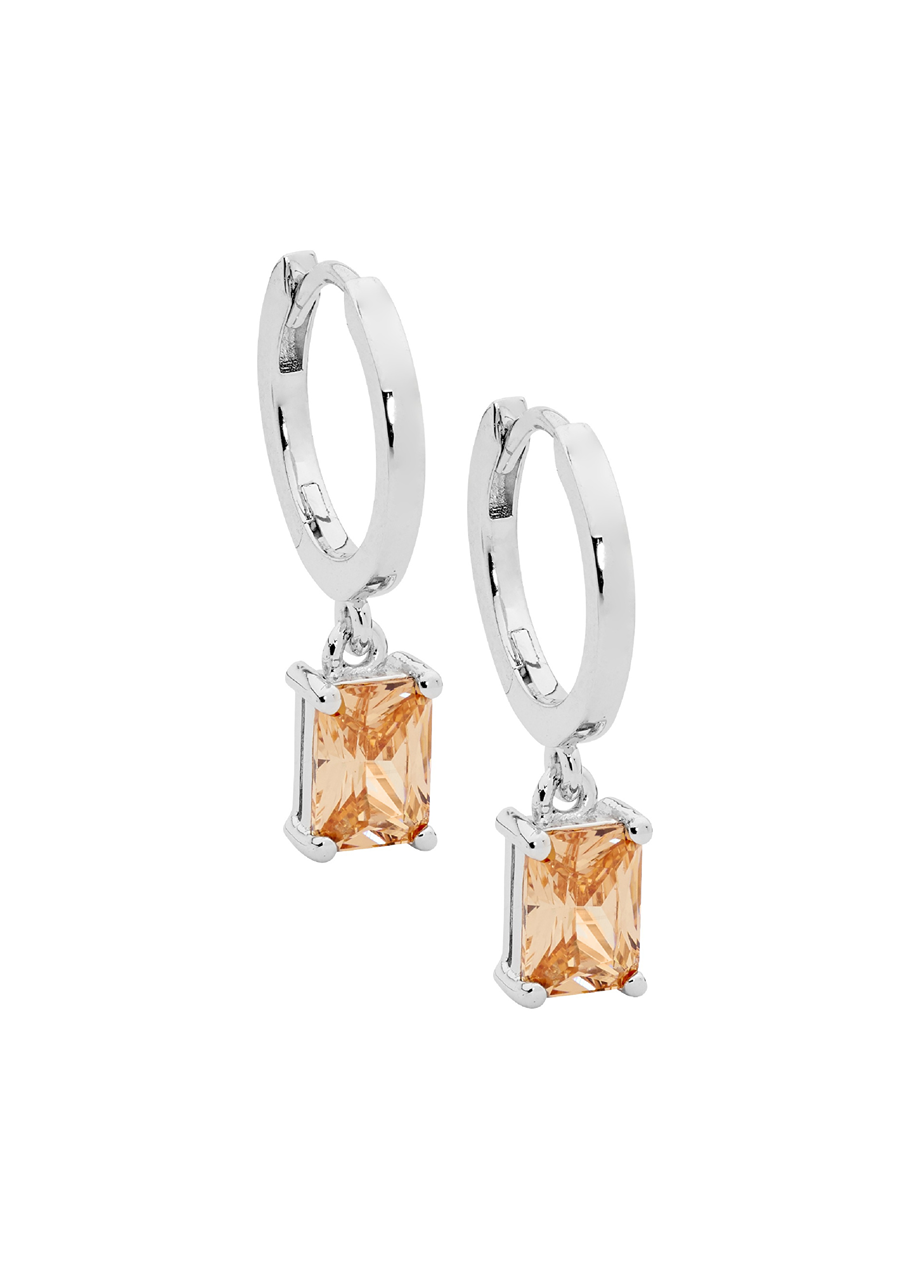 Ellani Sterling Silver 13mm Huggie Earrings with Radiant Cut Champagne Cubic Zirconia Drop