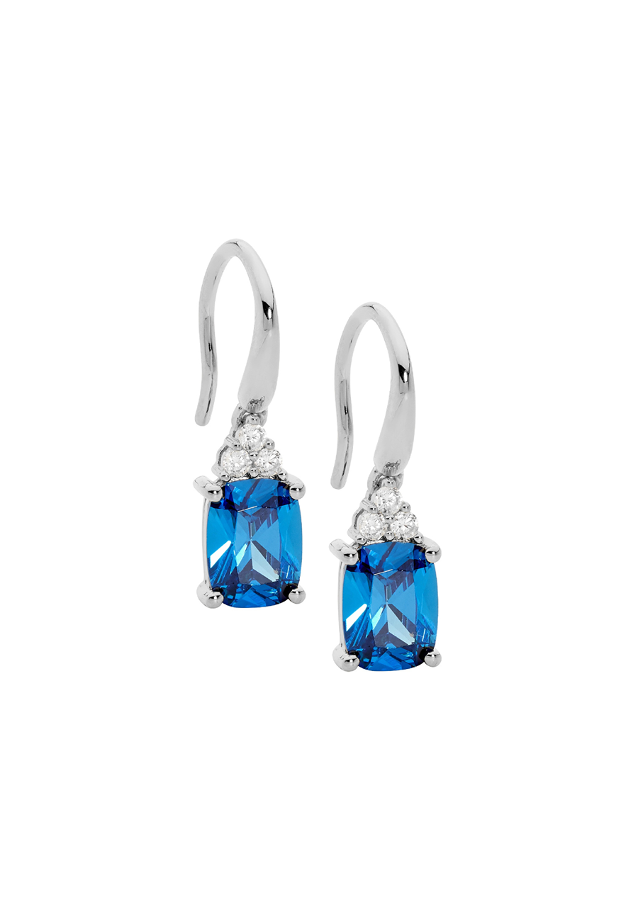 Ellani Sterling Silver Cushion Cut Blue & White Cubic Zirconia Hook Earrings