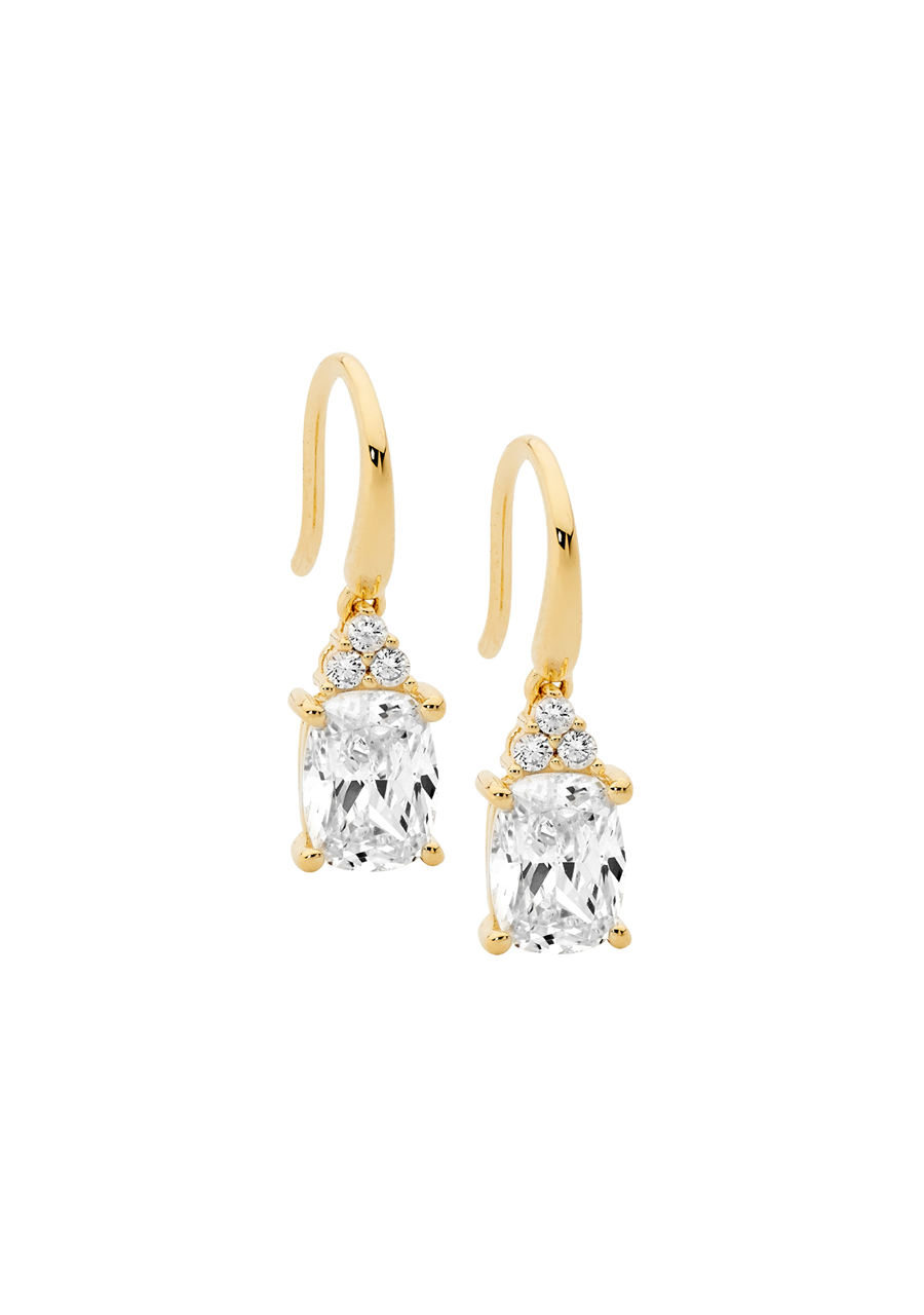 Ellani Gold Plated Cushion Cut White Cubic Zirconia Hook Earrings