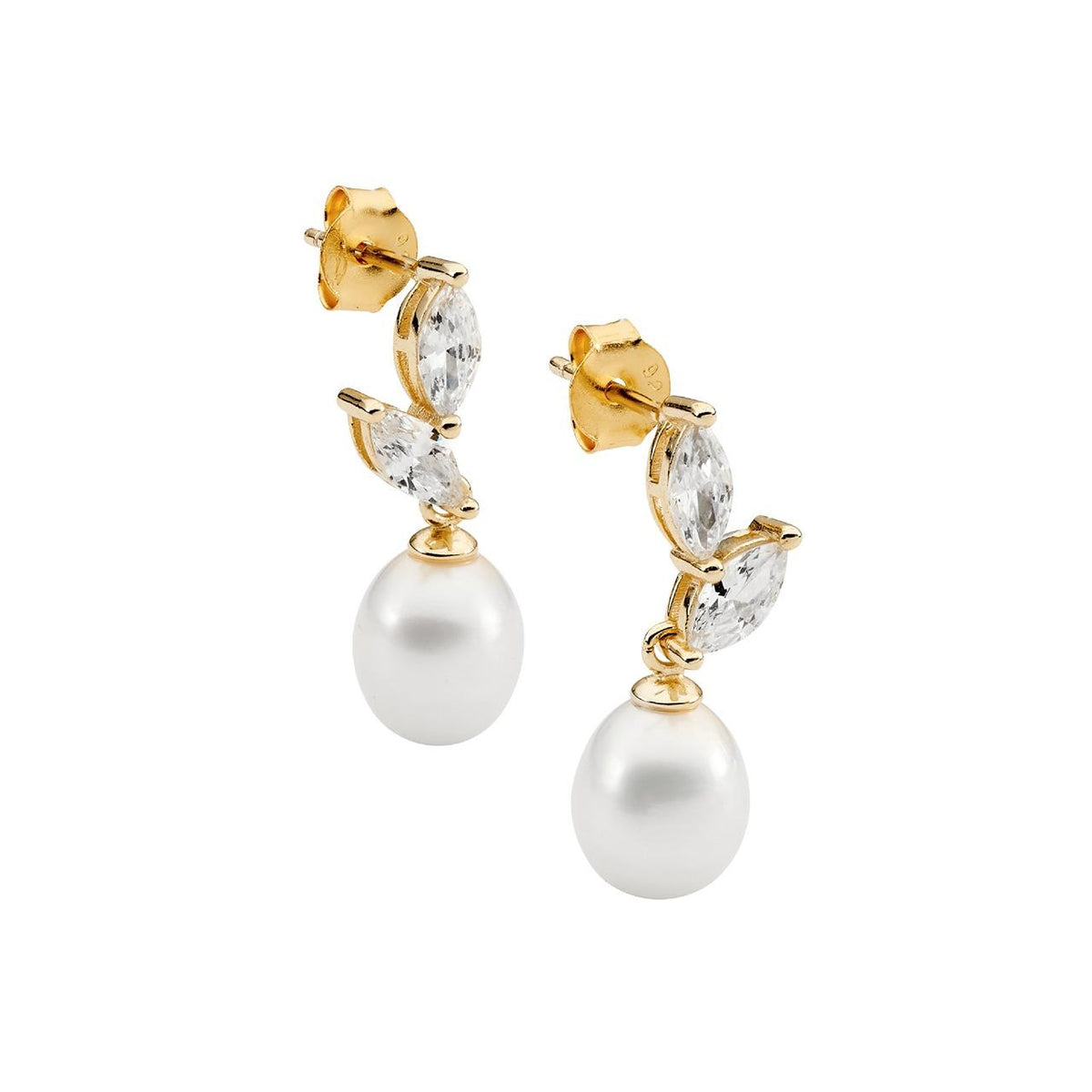 Ellani Gold Plated White Marquise Cut Cubic Zirconia & Freshwater Pearl Drop Earrings