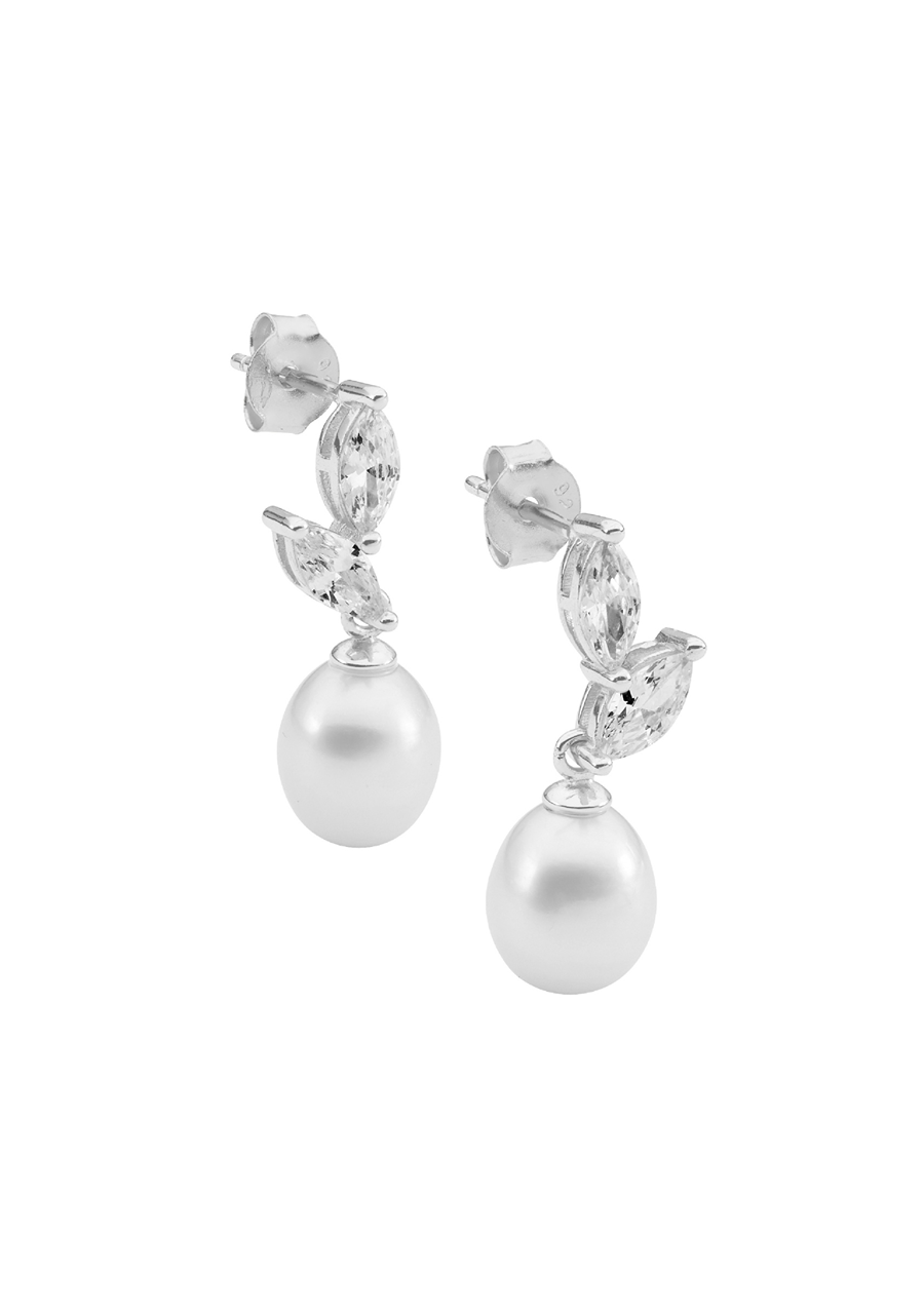 Ellani Sterling Silver White Marquise Cut Cubic Zirconia & Freshwater Pearl Drop Earrings