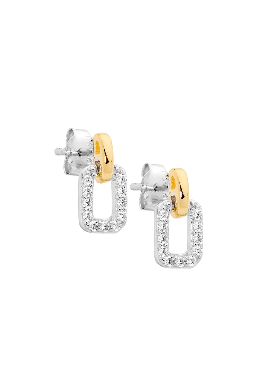 Ellani Sterling Silver & Gold Plated Open Rectangle Cubic Zirconia Stud Earrings