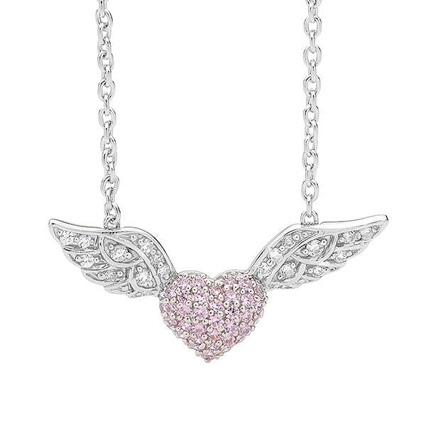 Ellani Sterling Silver Pink & White Cubic Zirconia Pave Heart with Wings Necklace