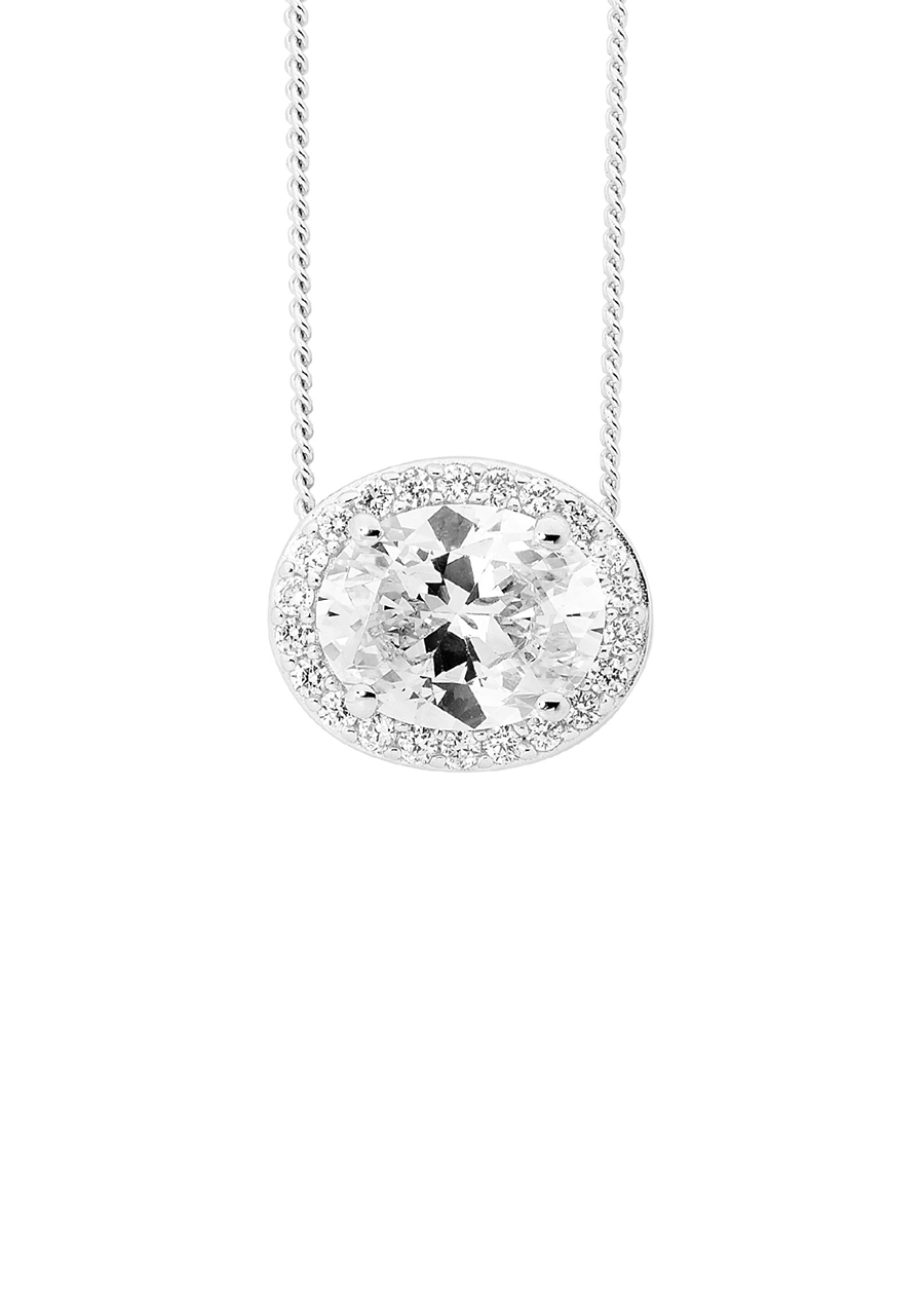 Ellani Sterling Silver White Oval Cubic Zirconia Slider Pendant