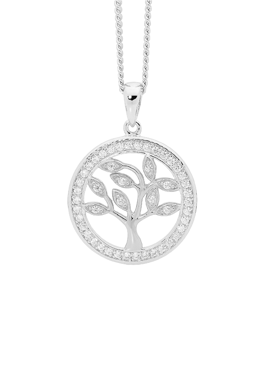 Ellani Sterling Silver White Cubic Zirconia Tree of Life Pendant