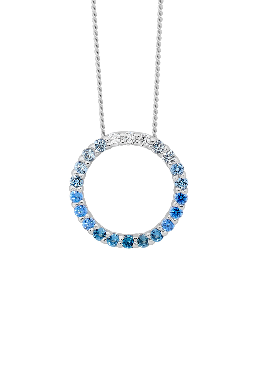 Ellani Sterling Silver 15mm Open Circle Ombre White & Blue Cubic Zirconia Pendant