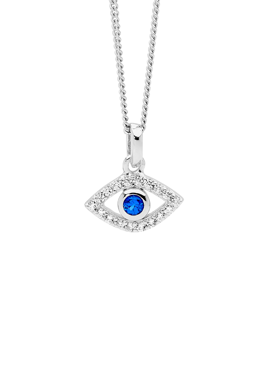 Ellani Sterling Silver White & Blue Cubic Zirconia Evil Eye Pendant Necklace