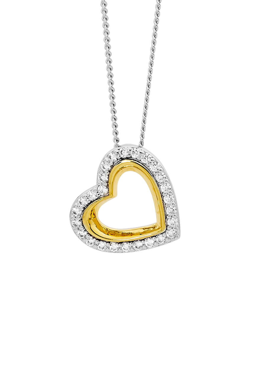 Ellani Sterling Silver & Gold Plated Open Heart Angled Pendant with White Cubic Zirconia