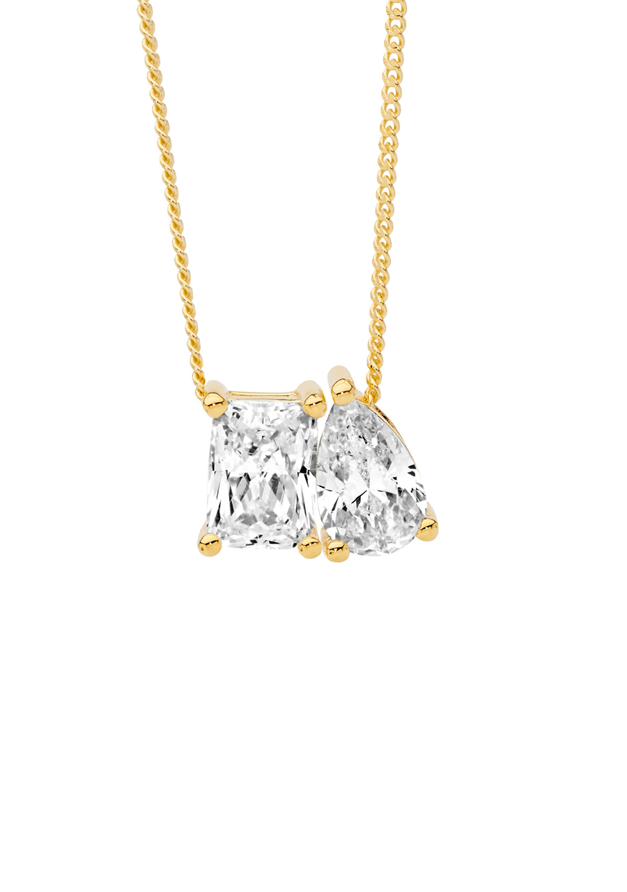 Ellani Gold Plated Emerald & Pear Cut Cubic Zirconia Pendant