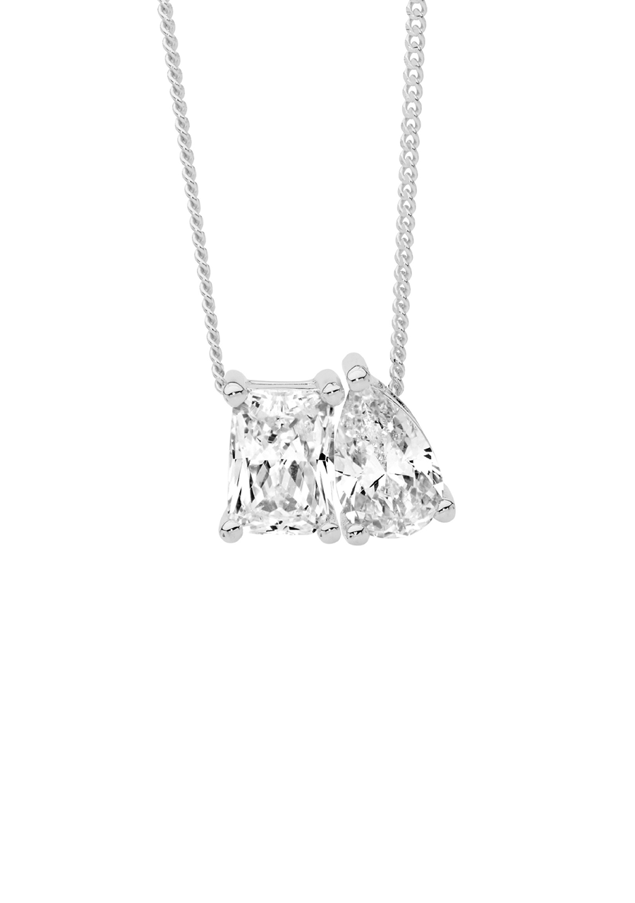 Ellani Sterling Silver Emerald & Pear Cut Cubic Zirconia Pendant