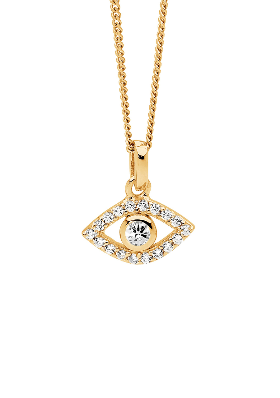 Ellani Gold Plated Evil Eye Pendant with White Cubic Zirconia