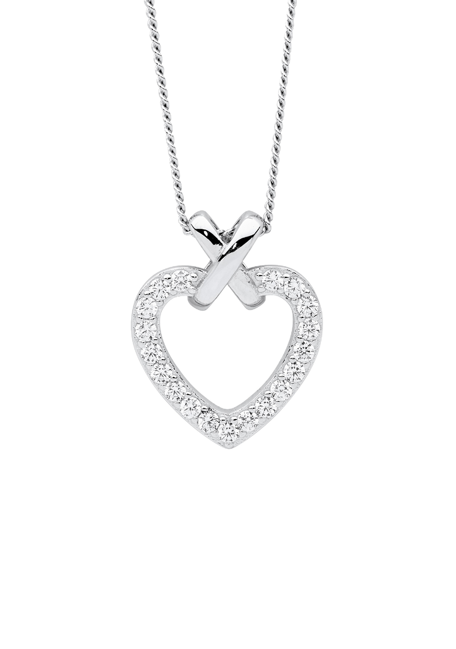 Ellani Sterling Silver Heart 'X' Pendant with White Cubic Zirconia