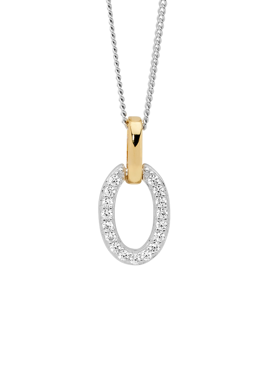 Ellani Sterling Silver & Gold Plated Oval Pendant with White Cubic Zirconia