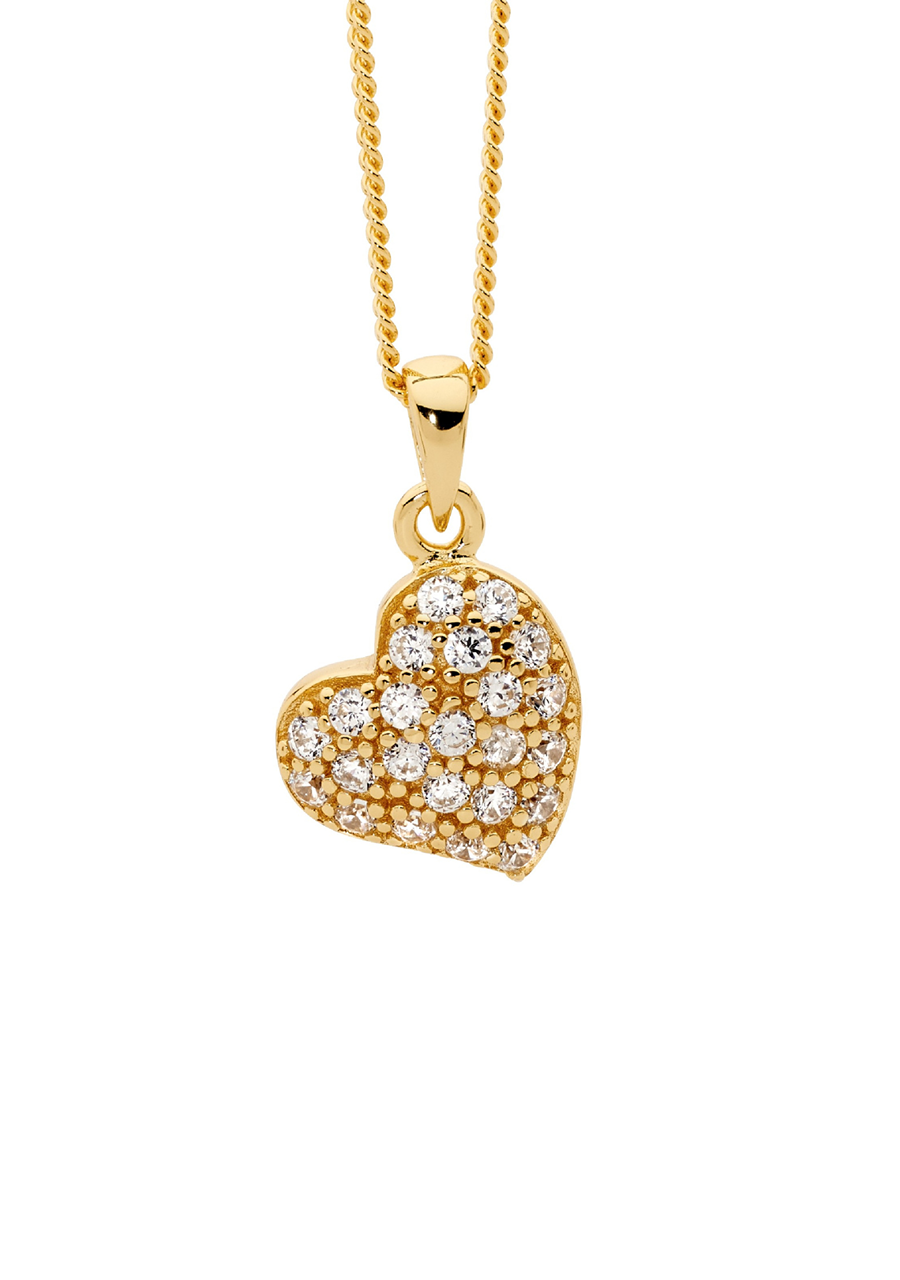 Ellani Gold Plated 10mm Angled Pave Heart with White Cubic Zirconia Pendant