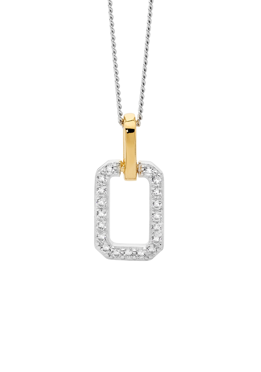 Ellani Sterling Silver & Gold Plated Open Rectangle Pendant with White Cubic Zirconia
