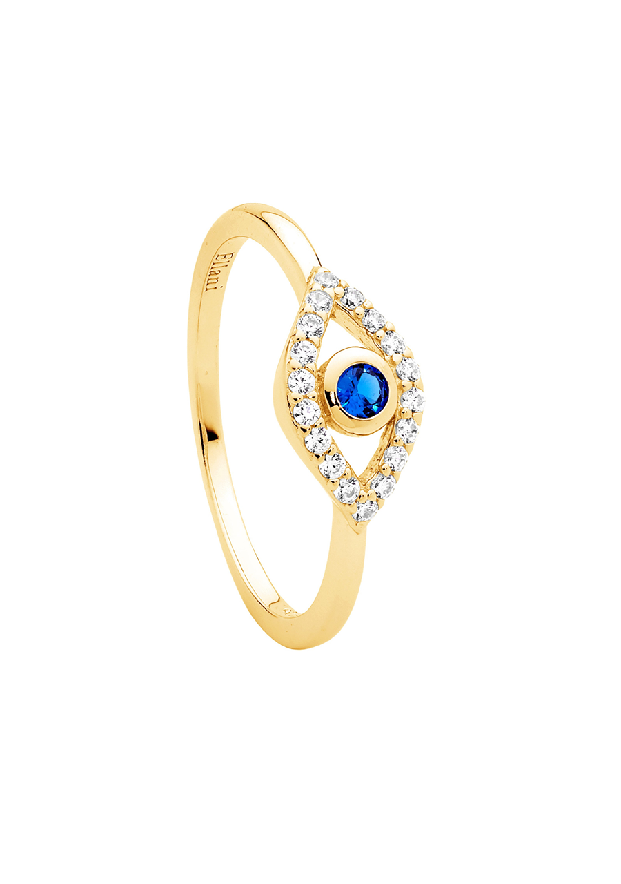 Ellani Gold Plated White & Blue Cubic Zirconia Bezel Set Evil Eye Ring