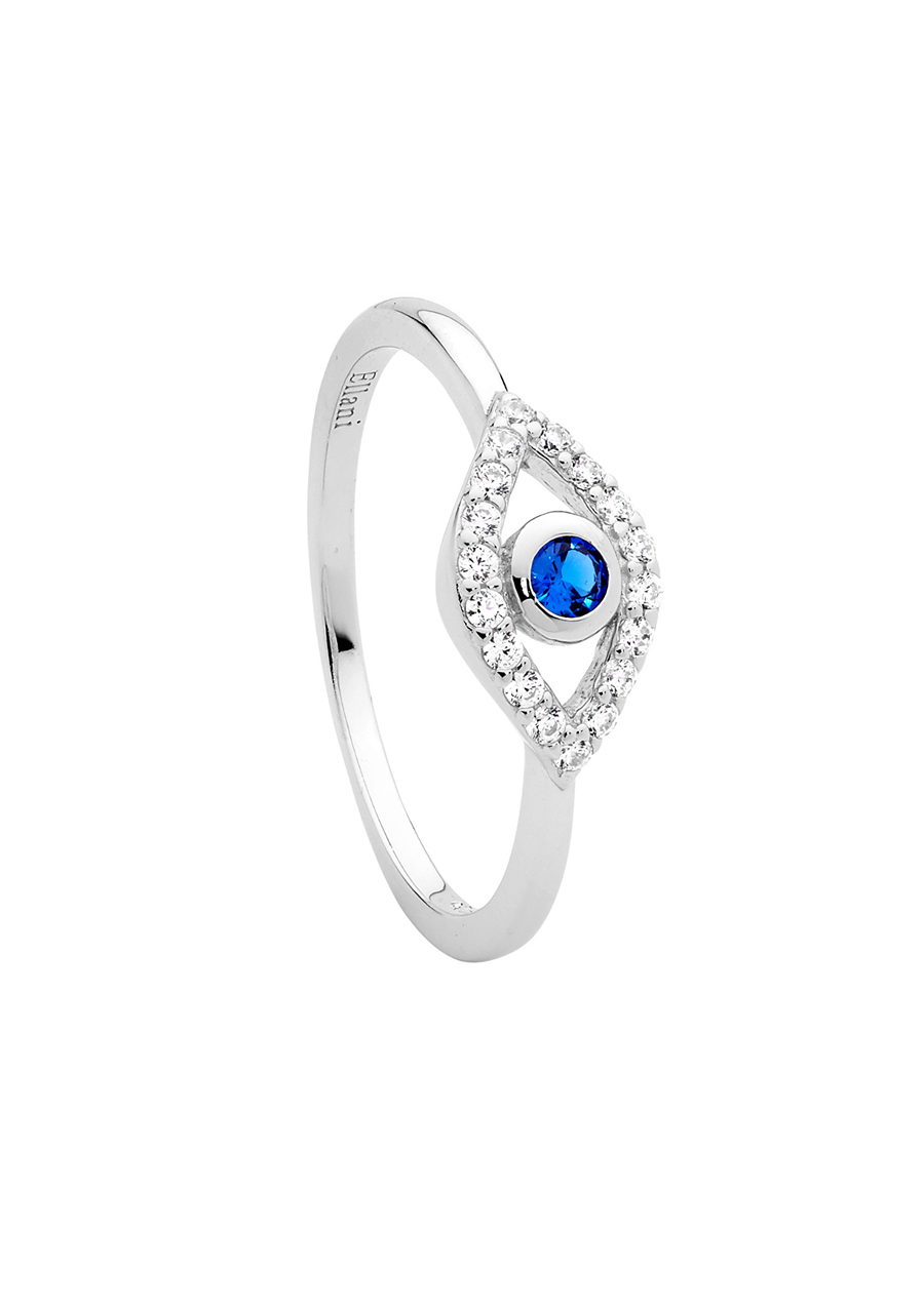 Ellani Sterling Silver White & Blue Cubic Zirconia Bezel Set Evil Eye Ring