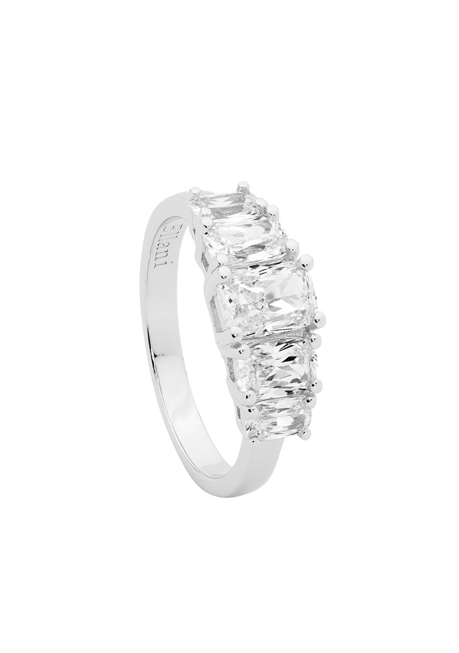 Ellani Sterling Silver Five Stone White Cubic Zirconia Cushion Cut Ring