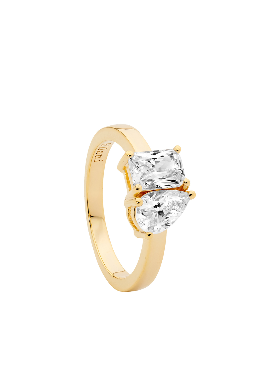 Ellani Gold Plated Emerald & Pear Cut White Cubic Zirconia Ring