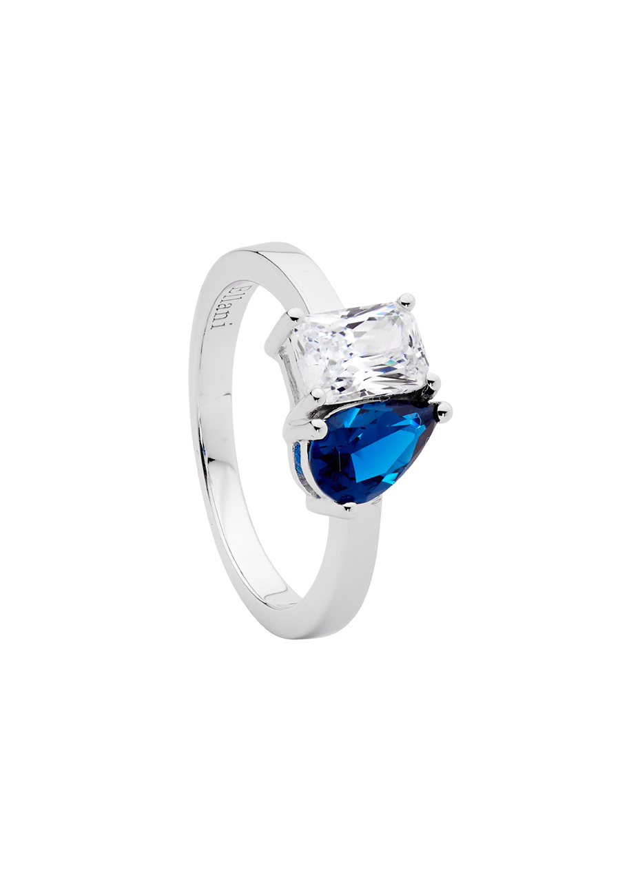 Ellani Sterling Silver Emerald & Pear Cut White & Blue Cubic Zirconia Ring