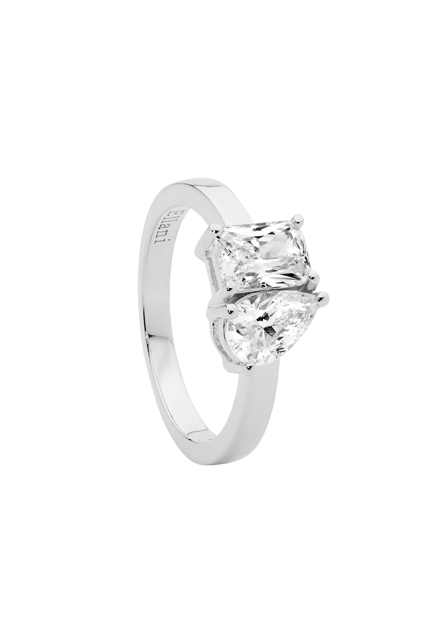 Ellani Sterling Silver Emerald & Pear Cut White Cubic Zirconia Ring