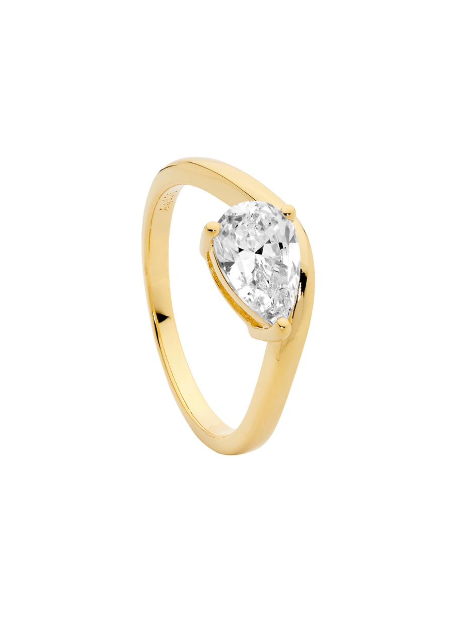 Ellani Gold Plated Organically Shaped Pear Cut White Cubic Zirconia Ring