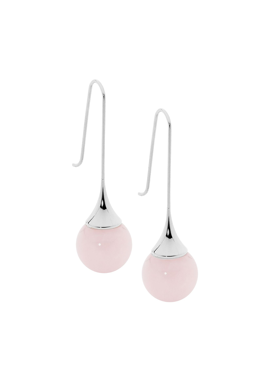 Ellani Stainless Steel Rose Quartz Long Drop Hook Earrings