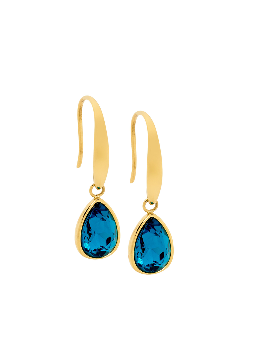 Ellani Stainless Steel Yellow Gold Plated Tear Drop Hook Earrings with Blue Glass