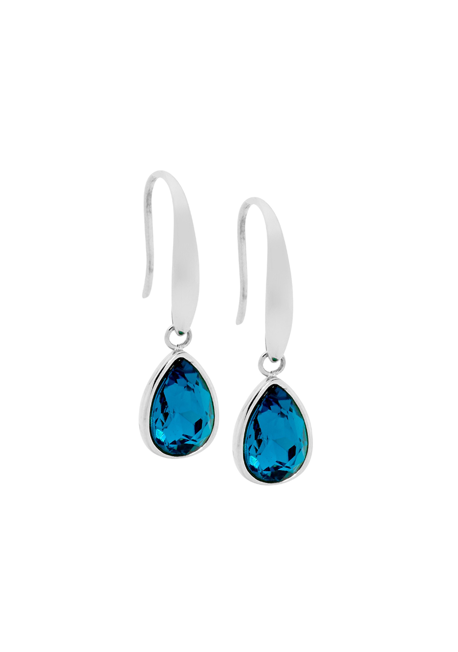 Ellani Stainless Steel Tear Drop Hook Earrings with Blue Glass