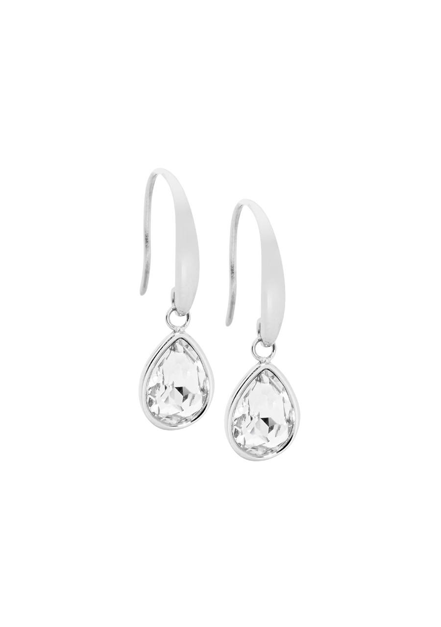 Ellani Stainless Steel Tear Drop Hook Earrings with White Glass