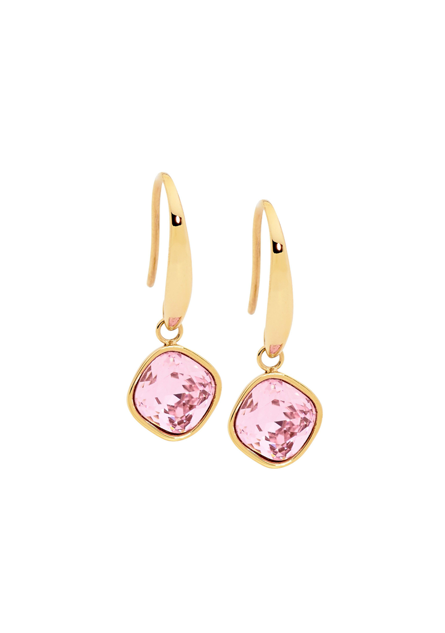 Ellani Stainless Steel Yellow Gold Plated Pink Glass Square Hook Drop Earrings