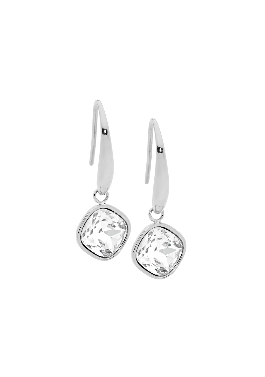 Ellani Stainless Steel White Glass Square Hook Drop Earrings