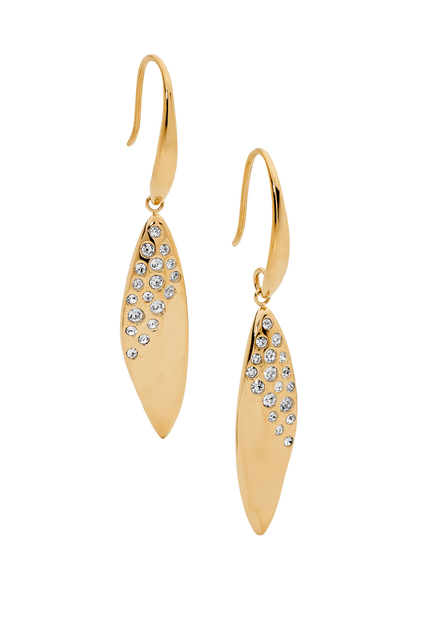 Ellani Stainless Steel Yellow Gold Plated Drop Hook Earrings with Scattered White Crystal