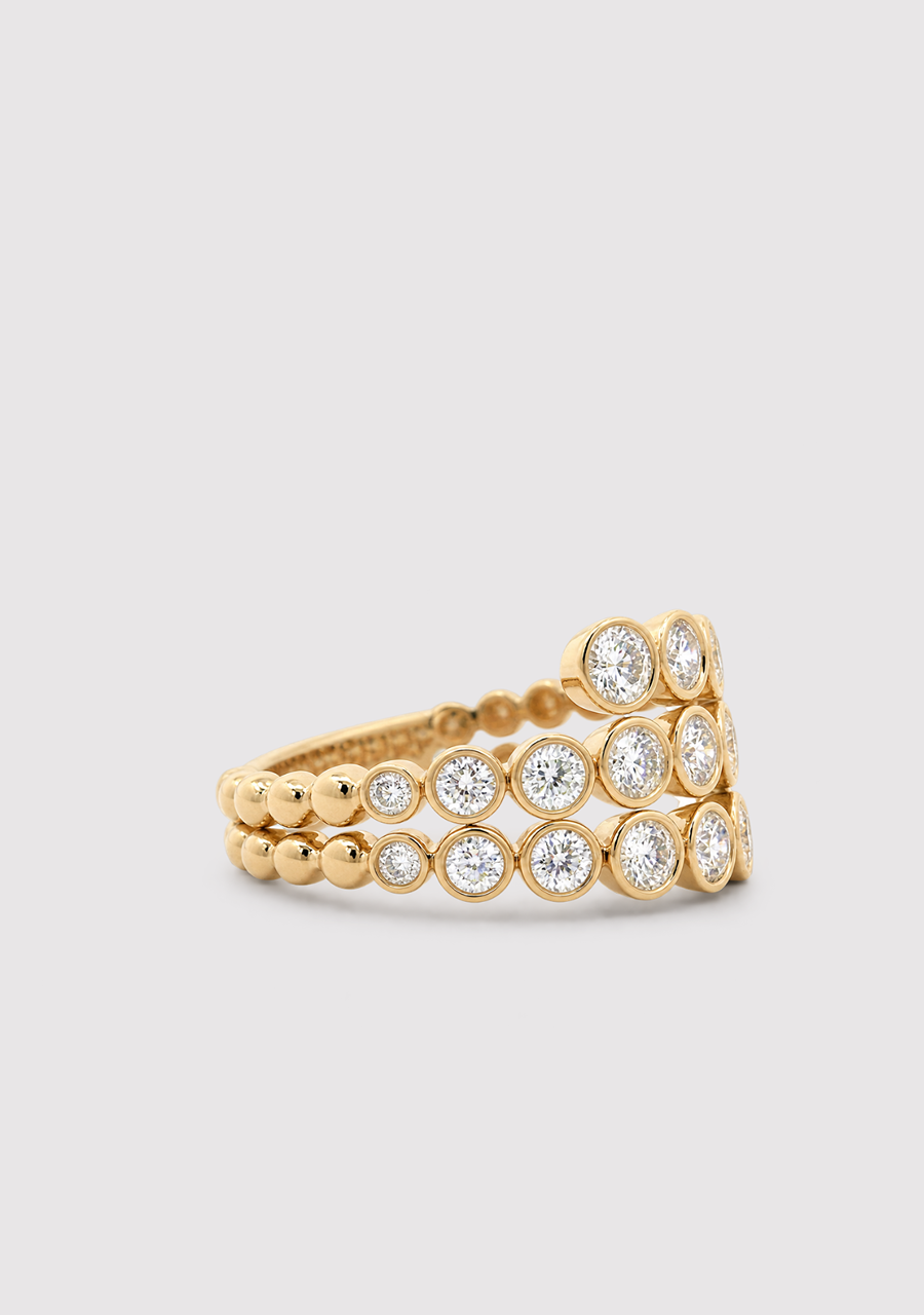 14ct Yellow Gold Round Diamond Bezel Set Tripple Row Dress Ring
