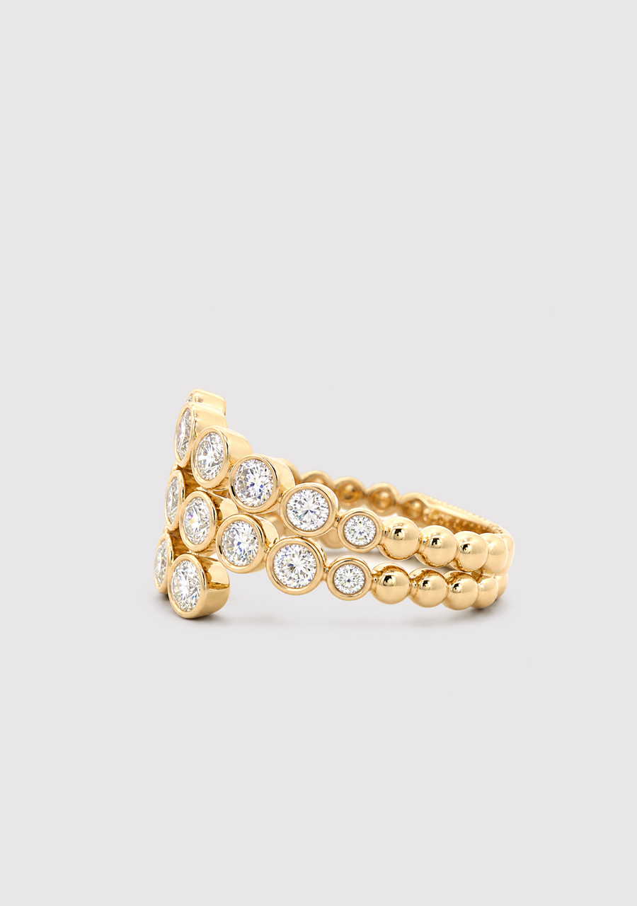 14ct Yellow Gold Round Diamond Bezel Set Tripple Row Dress Ring