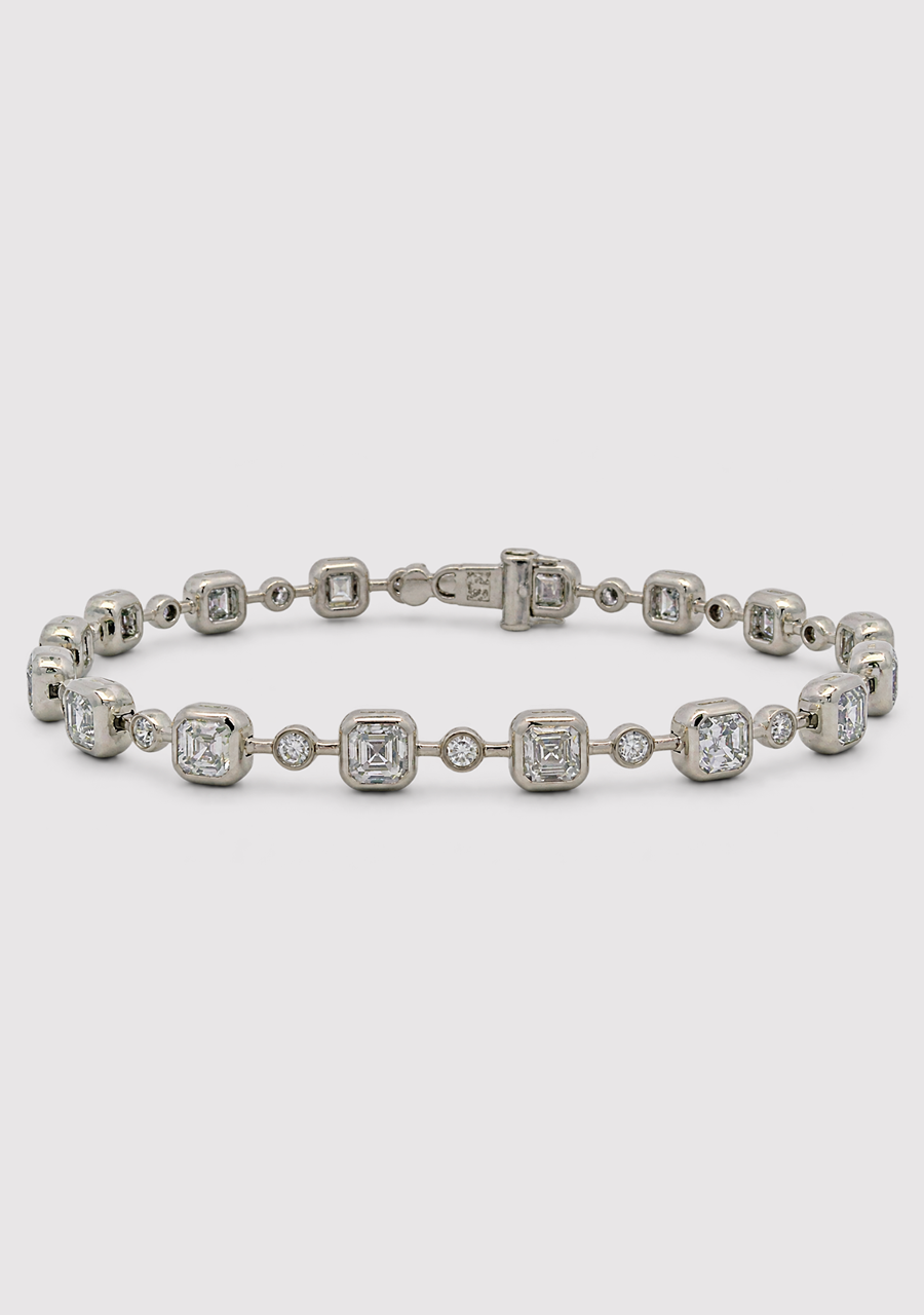 10ct White Gold Assorted Asscher & Round Laboratory Grown Diamond Bezel Set Tennis Bracelet