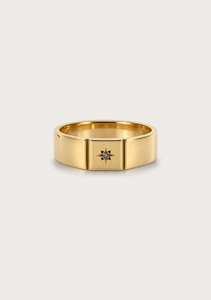 Estate 9ct Yellow Gold Diamond Star Set Square Signet Ring