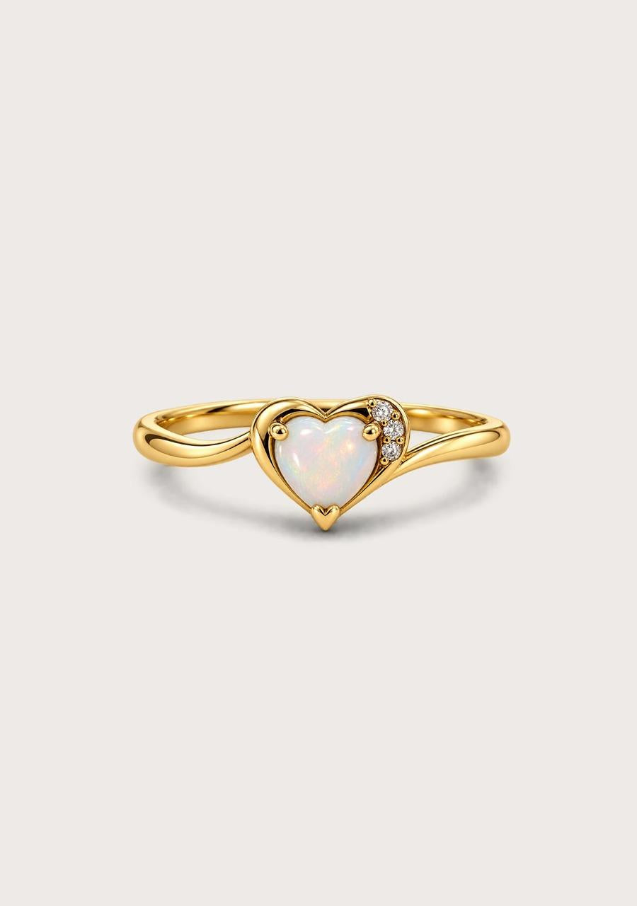 Estate 9ct Yellow Gold Heart White Opal Crystal & Diamond Ring