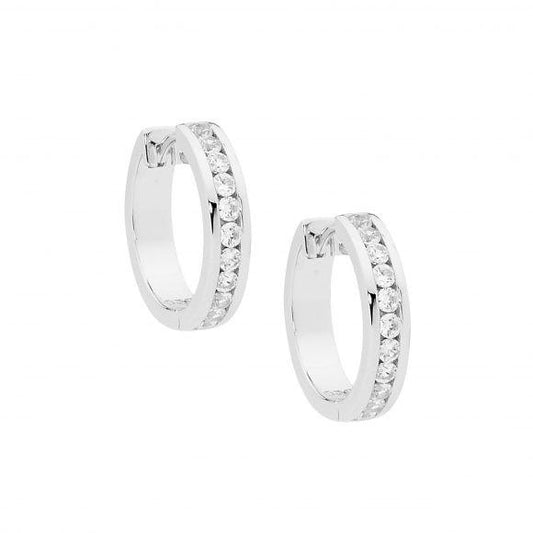 Ellani Sterling Silver Round White Cubic Zirconia Channel Set 18mm Huggie Hoop Earrings